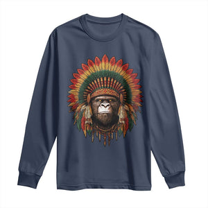 Bigfoot Native American Chief Sasquatch Wearing Headdress Long Sleeve Shirt TS11 Navy Print Your Wear