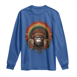 Bigfoot Native American Chief Sasquatch Wearing Headdress Long Sleeve Shirt TS11 Royal Blue Print Your Wear