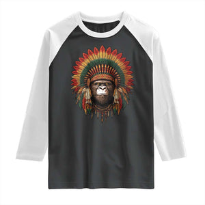 Bigfoot Native American Chief Sasquatch Wearing Headdress Raglan Shirt TS11 Black White Print Your Wear