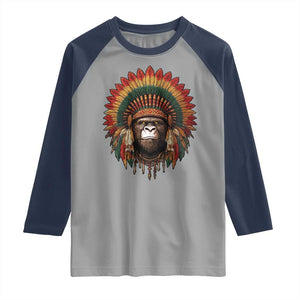 Bigfoot Native American Chief Sasquatch Wearing Headdress Raglan Shirt TS11 Sport Gray Navy Print Your Wear