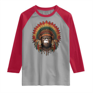 Bigfoot Native American Chief Sasquatch Wearing Headdress Raglan Shirt TS11 Sport Gray Red Print Your Wear