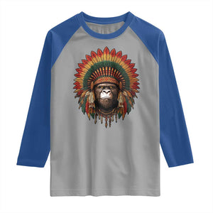 Bigfoot Native American Chief Sasquatch Wearing Headdress Raglan Shirt TS11 Sport Gray Royal Print Your Wear