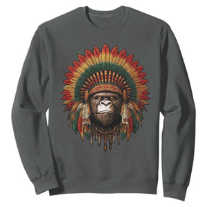 Bigfoot Native American Chief Sasquatch Wearing Headdress Sweatshirt TS11 Dark Heather Print Your Wear