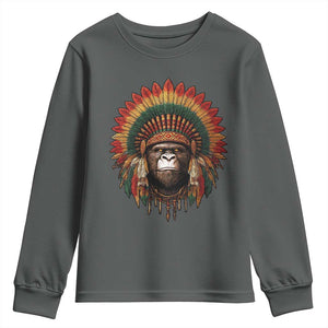 Bigfoot Native American Chief Sasquatch Wearing Headdress Youth Sweatshirt TS11 Dark Heather Print Your Wear