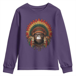 Bigfoot Native American Chief Sasquatch Wearing Headdress Youth Sweatshirt TS11 Purple Print Your Wear