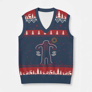 Native American Bigfoot Sasquatch Petroglyph Cave Art V-Neck Knit Sweater Vest TS11 Navy Red Print Your Wear