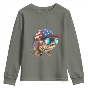 Funny Patriot American Flag Bass Fish Fishing Youth Sweatshirt TS11 Military Green Print Your Wear