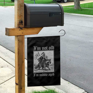 I Am Not Old I Am Middle Aged Garden Flag Medieval Knight Riding Raccoon Funny Ren Faire