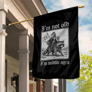 I Am Not Old I Am Middle Aged Garden Flag Medieval Knight Riding Raccoon Funny Ren Faire