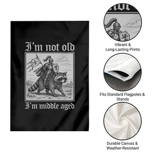 I Am Not Old I Am Middle Aged Garden Flag Medieval Knight Riding Raccoon Funny Ren Faire