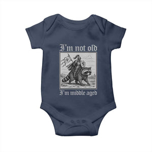 I Am Not Old I Am Middle Aged Baby Onesie Medieval Knight Riding Raccoon Funny Ren Faire TS11 Navy Print Your Wear