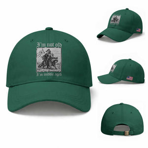 I Am Not Old I Am Middle Aged Baseball Cap Medieval Knight Riding Raccoon Funny Ren Faire