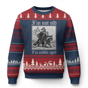 I Am Not Old I Am Middle Aged Ugly Christmas Sweater Medieval Knight Riding Raccoon Funny Ren Faire TS11 Navy Red Print Your Wear