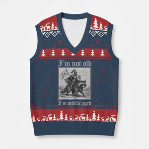 I Am Not Old I Am Middle Aged V-Neck Knit Sweater Vest Medieval Knight Riding Raccoon Funny Ren Faire TS11 Navy Red Print Your Wear