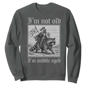 I Am Not Old I Am Middle Aged Sweatshirt Medieval Knight Riding Raccoon Funny Ren Faire TS11 Dark Heather Print Your Wear