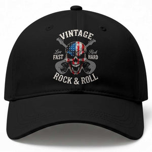 Vintage Rock and Roll Skull Guitar Rocker Baseball Cap Live Fast Rock Hard American Flag