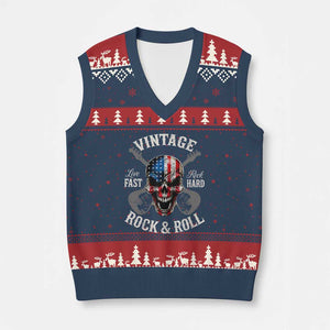 Vintage Rock and Roll Skull Guitar Rocker V-Neck Knit Sweater Vest Live Fast Rock Hard American Flag