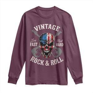 Vintage Rock and Roll Skull Guitar Rocker Long Sleeve Shirt Live Fast Rock Hard American Flag