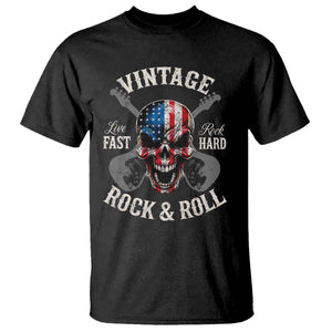 Vintage Rock and Roll Skull Guitar Rocker T Shirt Live Fast Rock Hard American Flag