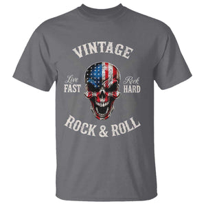 Vintage Rock and Roll Skull Guitar Rocker T Shirt Live Fast Rock Hard American Flag