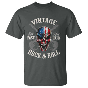 Vintage Rock and Roll Skull Guitar Rocker T Shirt Live Fast Rock Hard American Flag