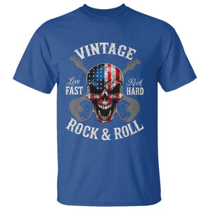 Vintage Rock and Roll Skull Guitar Rocker T Shirt Live Fast Rock Hard American Flag