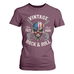 Vintage Rock and Roll Skull Guitar Rocker T Shirt For Women Live Fast Rock Hard American Flag