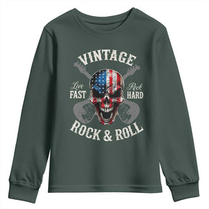 Vintage Rock and Roll Skull Guitar Rocker Youth Sweatshirt Live Fast Rock Hard American Flag