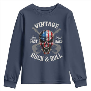 Vintage Rock and Roll Skull Guitar Rocker Youth Sweatshirt Live Fast Rock Hard American Flag