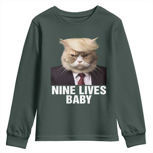 Funny Trump Supporter Youth Sweatshirt Nine Lives Baby Trump Blond Hair Cat Cute Pet TS11 Dark Forest Green Print Your Wear