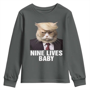 Funny Trump Supporter Youth Sweatshirt Nine Lives Baby Trump Blond Hair Cat Cute Pet TS11 Dark Heather Print Your Wear