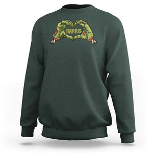 Funny Harris Halloween Sweatshirt Harris Heart Green Zombie Hand Election 2024 Costume TS11 Dark Forest Green Print Your Wear