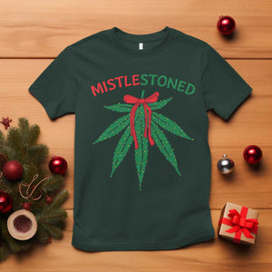 Funny Weed Christmas T Shirt Mistlestoned Mistletoe Led Lights TS11 Dark Forest Green Print Your Wear