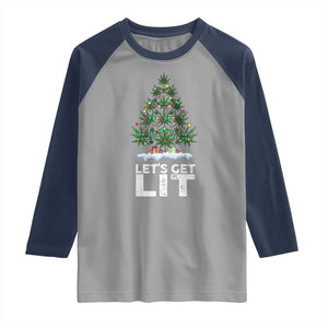 Funny Christmas Weed Raglan Shirt Let's Get Lit Weeds Xmas Tree TS11 Sport Gray Navy Print Your Wear