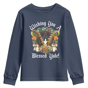 Wishing You A Blessed Yule Youth Sweatshirt Yule Goat Pagan TS11 Navy Print Your Wear