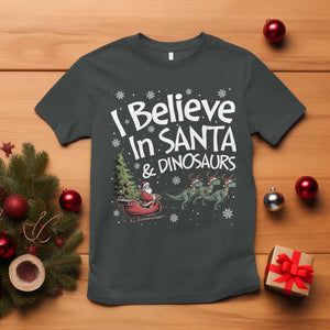 Funny Christmas Dino T Shirt I Believe In Santa And Dinosaur TS11 Dark Heather Print Your Wear