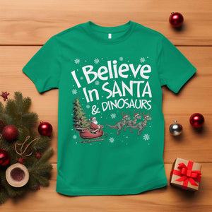 Funny Christmas Dino T Shirt I Believe In Santa And Dinosaur TS11 Irish Green Print Your Wear