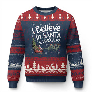 Funny Christmas Dino Ugly Christmas Sweater I Believe In Santa And Dinosaur TS11 Navy Red Print Your Wear