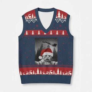 Funny Cat Selfie With Santas Sleigh Christmas V-Neck Knit Sweater Vest TS11 Navy Red Print Your Wear