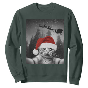 Funny Cat Selfie With Santas Sleigh Christmas Sweatshirt TS11 Dark Forest Green Print Your Wear