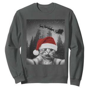 Funny Cat Selfie With Santas Sleigh Christmas Sweatshirt TS11 Dark Heather Print Your Wear