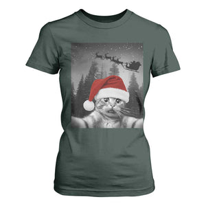 Funny Cat Selfie With Santas Sleigh Christmas T Shirt For Women TS11 Dark Forest Green Print Your Wear