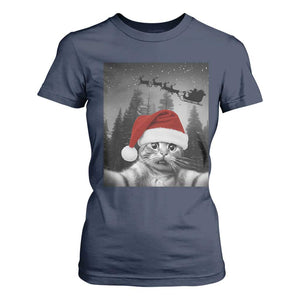 Funny Cat Selfie With Santas Sleigh Christmas T Shirt For Women TS11 Navy Print Your Wear