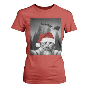 Funny Cat Selfie With Santas Sleigh Christmas T Shirt For Women TS11 Red Print Your Wear