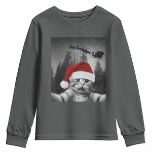 Funny Cat Selfie With Santas Sleigh Christmas Youth Sweatshirt TS11 Dark Heather Print Your Wear