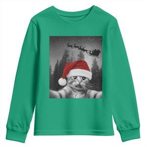 Funny Cat Selfie With Santas Sleigh Christmas Youth Sweatshirt TS11 Irish Green Print Your Wear