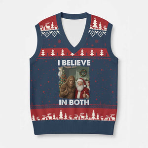 Funny Xmas Santa Bigfoot V-Neck Knit Sweater Vest I Believe In Both Xmas Holiday TS11 Navy Red Print Your Wear