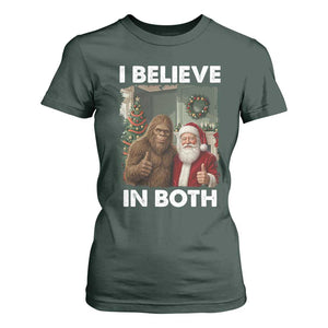 Funny Christmas Santa Bigfoot T Shirt For Women I Believe In Both Xmas Holiday TS11 Dark Forest Green Print Your Wear