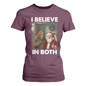 Funny Christmas Santa Bigfoot T Shirt For Women I Believe In Both Xmas Holiday TS11 Maroon Print Your Wear