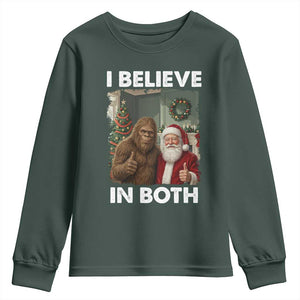 Funny Christmas Santa Bigfoot Youth Sweatshirt I Believe In Both Xmas Holiday TS11 Dark Forest Green Print Your Wear